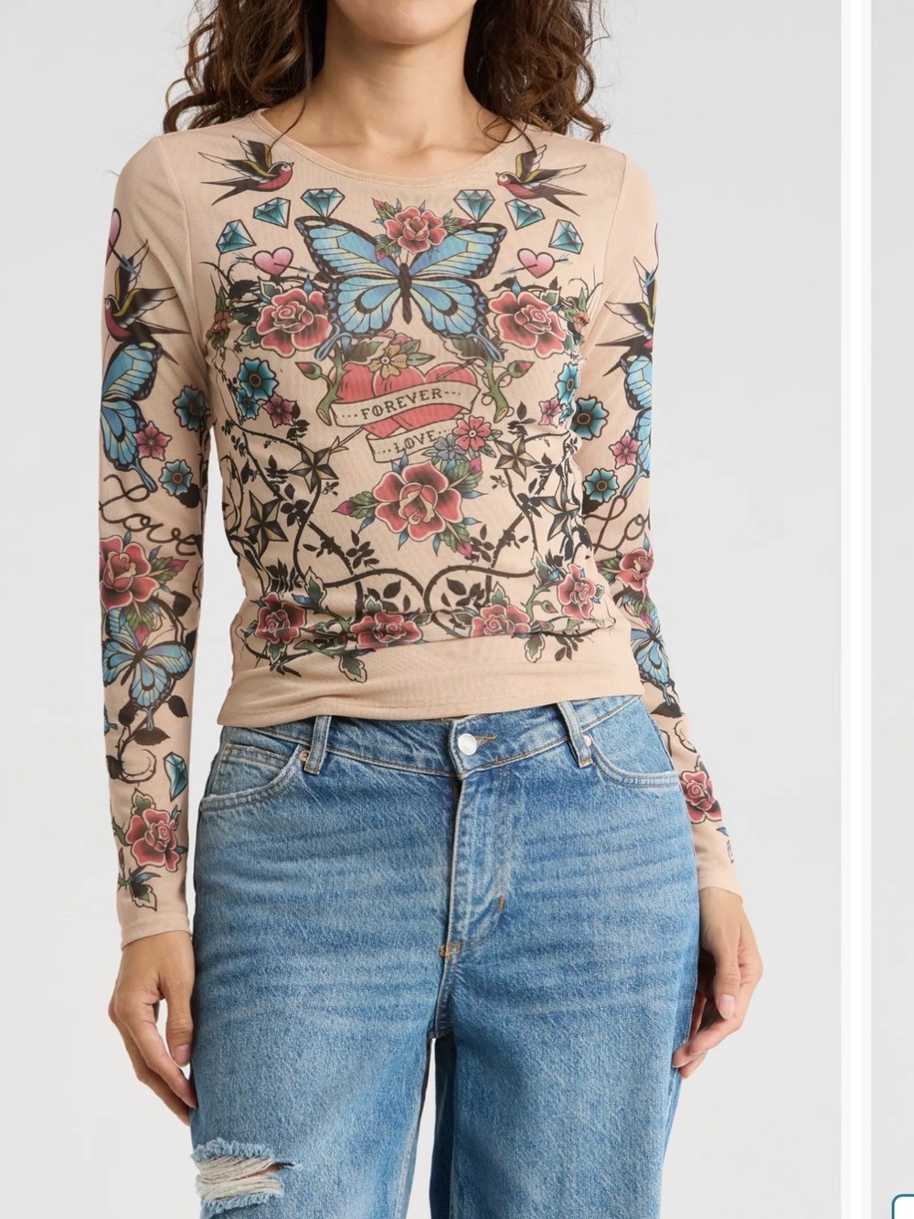 Madden Girl Beige Long Sleeve Tattoo-Print Top with Blue Butterflies